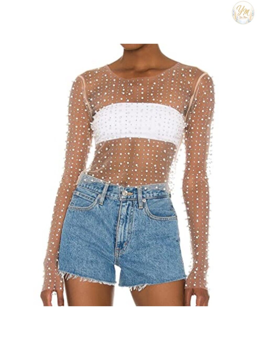 Women Pearl Rhinestone Sheer Mesh Crop Top Long Sleeve Clubwear